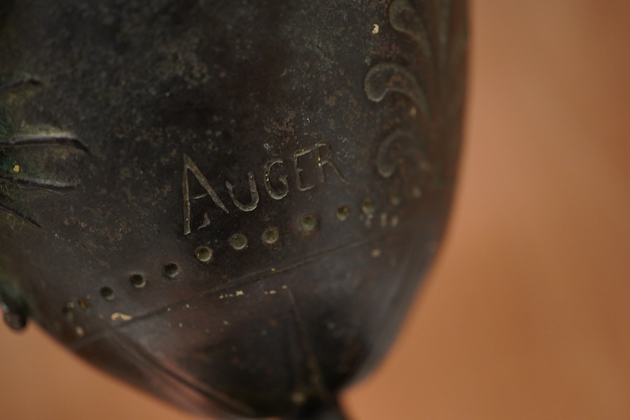 A 19th century French bronze twin handled vase signed Augur, cast with crayfish on black slate plinth, 22cm